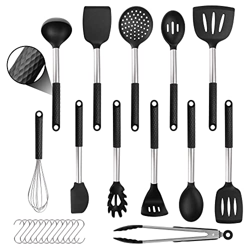 Silicone Cooking Utensil Set: 12 Pieces Kitchen Utensils Non-Stick & Heat Resistance Silicon And Stainless Steel Handles - Black