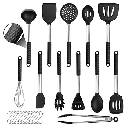 Silicone Cooking Utensil Set: 12 Pieces Kitchen Utensils Non-Stick & Heat Resistance Silicon And Stainless Steel Handles - Black