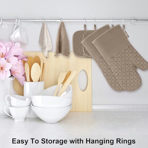 KEGOUU Oven Mitts and Pot Holders 6pcs Set, Kitchen Oven Glove High Heat Resistant 500 Degree Extra Long Oven Mitts and Potholder with Non-Slip Silicone Surface for Cooking (Khaki) - color: Khaki