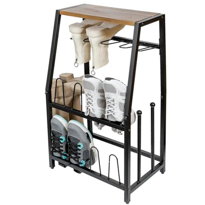 MyGift Acacia Wood & Black Metal Entryway Organizer: 2-in-1 Shoe Rack with Shelf & Boot Storage for 8 Pairs - Rustic Modern Entry Table with Adjustable Feet (Foyer/Mudroom/Garage) - color: Acacia Wood & Black Metal