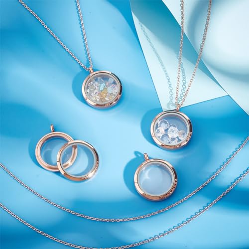 4pcs Photo Locket Charms Necklace Round Stainless Steel Locket Pendants Crystal Double-Sided Picture Frame Memory Locket Charm with 17.7inch Chain for Wedding Jewellery Making Photo - color: Rose Gold
