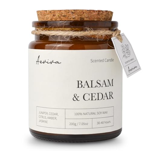 Scented Candle, 7.05 oz Balsam Cedar Aromatherapy Candle, Natural Soy Wax with Wooden Wick, Candles for Home Scented, Stress Relief Amber Jar Candle Gifts