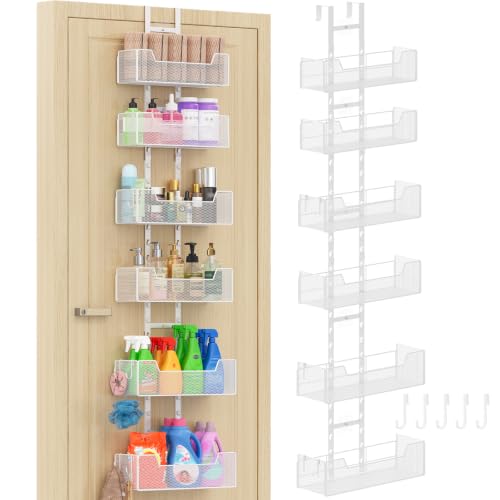 Hongtamoya Over The Door Organizer, Metal Hanging Door Organizer with 6 Adjustable Baskets and 5 Hooks, Behind The Door Storage for Closet Cabinet Kitchen Bathroom Bedroom Pantry Door Organizer, White - color: White Mesh Basket, size: 6-Tier