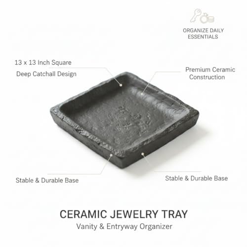 13 Inch Square Ceramic Catchall Tray for Jewelry, Keys, and Coins - Modern Black Decorative Organizer for Vanity, Entryway, or Nightstand