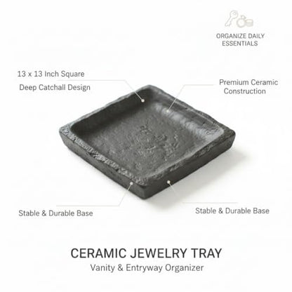 13 Inch Square Ceramic Catchall Tray for Jewelry, Keys, and Coins - Modern Black Decorative Organizer for Vanity, Entryway, or Nightstand