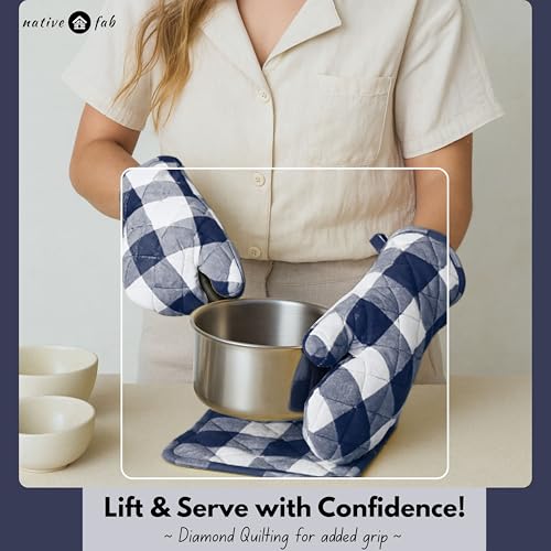Native Fab Buffalo Plaid Check Oven Mitts and Pot Holders Set of 4, 100% Cotton Heat Resistant Kitchen Gloves, 2 Oven Mitts (7x13), 2 Pot Holders (8x8) for Cooking & Baking, Navy White - color: Buffalo, Navy Blue