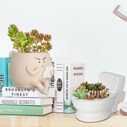 Funny Toilet Plant Pot Self Watering Face Planter for Indoor Plants | Quirky Succulent Flower Pots with Drainage Hole, Home Garden Decor Gift for Women Friends Family on Christmas Birthday