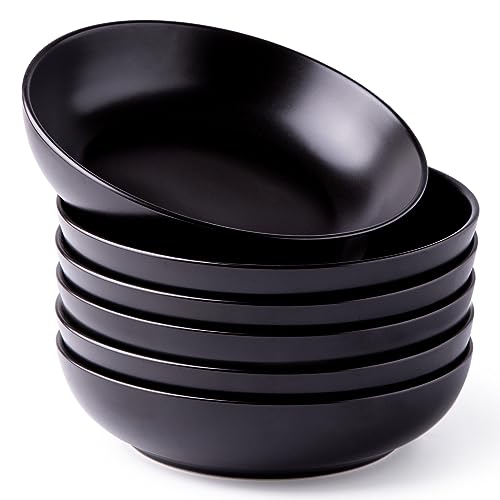 AmorArc 8.5 Inch Stoneware Pasta Bowls of 6, 32oz Large Bowls Set | Matte Black Wide Bowls for Kitchen Pasta,Salad,Oatmeal, Microwave&Dishwasher Safe - size: Set of 6
