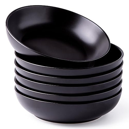 AmorArc 8.5 Inch Stoneware Pasta Bowls of 6, 32oz Large Bowls Set | Matte Black Wide Bowls for Kitchen Pasta,Salad,Oatmeal, Microwave&Dishwasher Safe - size: Set of 6