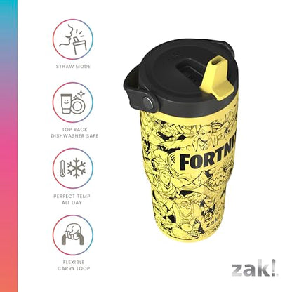 Zak Designs Fortnite Siply 20oz Leak-Proof Flip-Up Straw Insulated Tumbler | BPA Free, Stainless Steel, Handle, Cupholder Friendly, Dishwasher Safe, Kids Water Bottle, Reuseable For School, Home, Travel - color: Fortnite