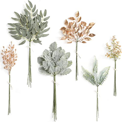 Serra Flora Artificial Greenery Spray Box Set(Pack of 54pcs) with 6 Kinds of Golden Green Filler for Wedding Bouquet Table Centerpieces and Floral Arrangement (Golden&Green) - color: Golden&green