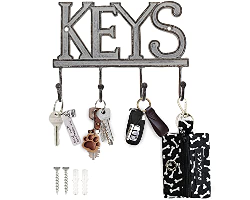 Comfify White Cast Iron Key Holder for Wall – Keys Sign with 4 Hooks | Clean white antique finish; mounting hardware included; entryway, hallway or door; 6"H x 8"L; holds 8 keychains - color: White