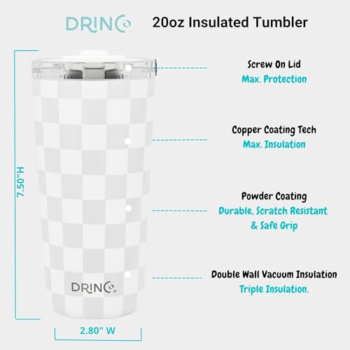 Drinco - 20 oz Stainless Steel Tumbler | Double Walled Vacuum Insulated Mug With Lid, 2 Straws, For Hot & Cold Drinks (20oz Checker) - color: 20oz Checker