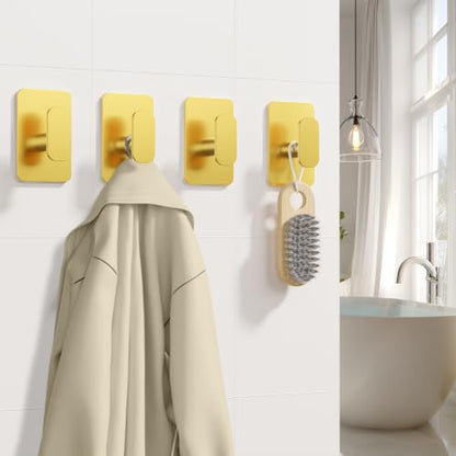 Large Heavy Duty Wall Hooks - 26lb Max, Stainless Steel Adhesive Towel Hooks for Hanging Towel, Coat, Robe, Hat, Sticky Towel Holder for Wall Mount in Bathroom, Shower, Kitchen (Gold, 4 Pack) - color: Gold