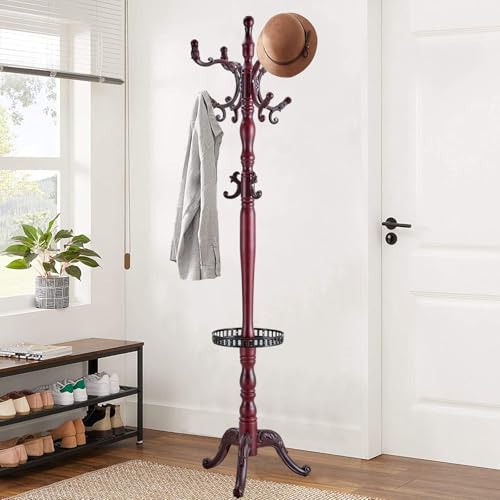 Wooden Coat Rack Freestanding, Rosewood Upgraded version | Vintage Coat Racks with Sturdy Round Base, Adjustable Height 37.40"-72.83" Entrance Coat Rack for Bedroom Living Room - color: Rosewood Upgraded version
