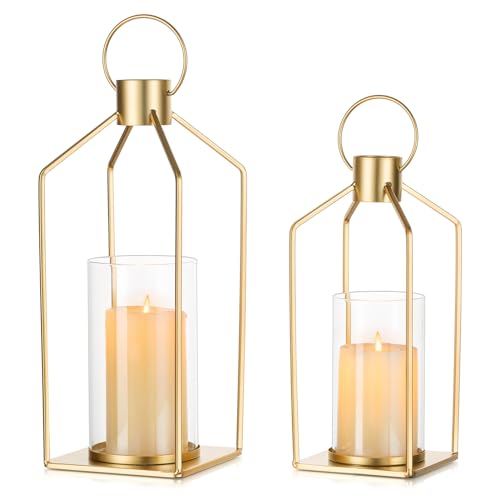 NUPTIO Gold Lanterns Decorative Indoor: Hanging Candle Lantern for Pillars | Hurricane Glass Lantern Set of 2for Wedding Home Front Porch Outdoor Fireplace Christmas Table Centerpiece - color: Gold