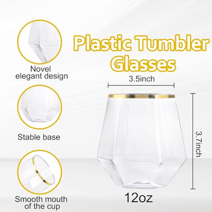 LUODA Gold Diamond Shaped Plastic Stemless Wine Glasses Set of 24, Disposable 12 Oz Gold Plastic Whiskey Glasses for Birthday, Housewarming and Weddings - color: Gold, size: 24 Count