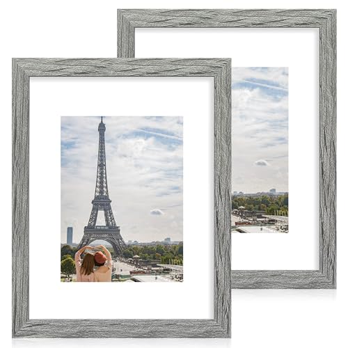 Hongkee 11x14 Picture Frame Set of 2, Made of Glass and Rustic Grey Wooden Frame, Display 8x10 Pictures with Mat or 11 x 14 Posters without Mat for Wall Mounting, Gallery Photo Frames - color: Grey, size: 11x14 in