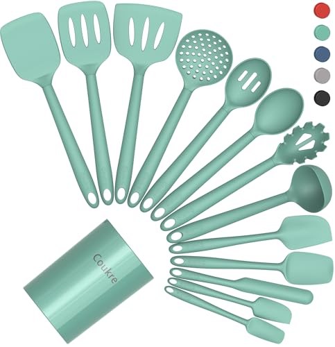 Coukre Silicone Kitchen Cooking Utensils Set, Heat Resistant, 14-Piece | Dishwasher-Safe, Food-Grade Silicone, BPA-Free, Spatulas, Spoons & Turner, Safe for Nonstick Cookware, PureAquaGreen - color: PureAquaGreen