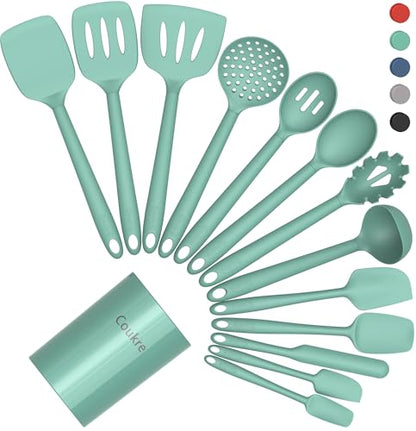 Coukre Silicone Kitchen Cooking Utensils Set, Heat Resistant, 14-Piece | Dishwasher-Safe, Food-Grade Silicone, BPA-Free, Spatulas, Spoons & Turner, Safe for Nonstick Cookware, PureAquaGreen - color: PureAquaGreen