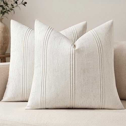 MIULEE Decorative Striped Throw Pillow Covers 22x22 in Natural Beige 2 Pack | Textured Linen Pillow Covers, Farmhouse Cushion Cases for Couch Sofa Bed Livingroom Home Decor - color: Natural Beige, size: 22" x 22" (Pack of 2)