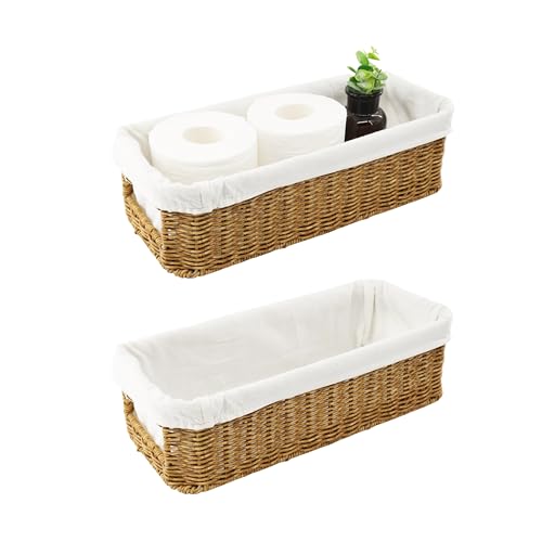YRMT Rattan Toilet Tank Basket Toilet Paper Storage Baskets for Bathroom Handwoven Toiletry Countertop Organizer Water-Resistant Home Decor 14" x 6" x 4" (Rattan)