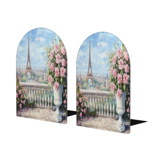 Wood Book Ends for Shelves Spring Floral Paris Eiffel Tower Landscape Bookends for Heavy Books CDs Organizer Decorative Wooden Book Stopper Holders for Home Office Desk,6.7x4.2x4in,Set of 2 - size: 6.7x4.2x4inx2PCS