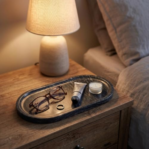 YKAJO Wave Grey Oval Marble Tray, 11.8x5.9 Vanity Perfume Organizer Dish | Honed natural stone; jewelry & trinket dish, ring & key holder, soap & candle catchall; bath counter, dresser, coffee table - color: Wave Grey, size: 11.8" x 5.9" x 0.6"
