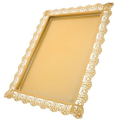 Ipetboom Rectangular Iron Serving Tray Decorative Food Plate with Hollow Lace Edge Gold Finish Multi-functional Fruit and Snack Display Dish for Home Entertaining