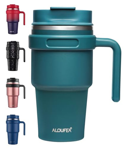 20 oz Insulated Travel Coffee Mug Tumbler with Handle and Straw | Leakproof Stainless Steel Coffee Cup with Lid, Double Wall Vacuum Ice Thermal Cup, Ocean Teal - color: Ocean Teal, size: 20 Ounces