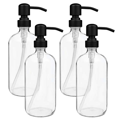 4 Pack Glass Soap Dispenser with Matte Black Stainless Steel Pump, 16 Oz Clear Boston Round Bottles Bathroom Kitchen Soap Dispenser for Essential Oil, Dish Soap, Hand Soap, Lotion Soap