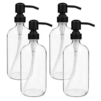 4 Pack Glass Soap Dispenser with Matte Black Stainless Steel Pump, 16 Oz Clear Boston Round Bottles Bathroom Kitchen Soap Dispenser for Essential Oil, Dish Soap, Hand Soap, Lotion Soap