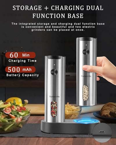 Electric Salt and Pepper Grinder Set with Rechargeable Base - Upgraded Large Capacity, Refillable Pepper Mill Set with LED Light & Adjustable Coarseness, Ideal for Kitchen, Outdoor (Polished Silver) - color: Polished Silver