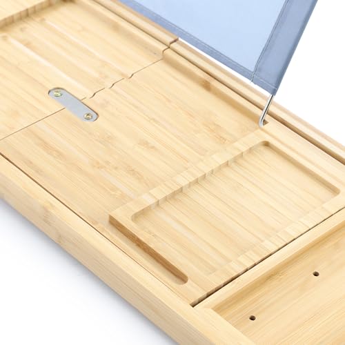 Elama Expandable Bamboo Bath Tray, Adjustable Bathtub Caddy with Book & Tablet Holder, Wine Glass Slot, and Spa Accessory Compartments