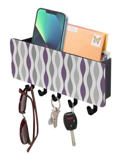 Key Holder for Wall Mid Century Abstract Art Key and Mail Holder with Shelf 5 Hooks Storage Key Organizer Rack Symmetrical Geometric Purple Grey Wood Wall Key Hanger for Entryway Hallway Home Decor - color: Purple, size: Black