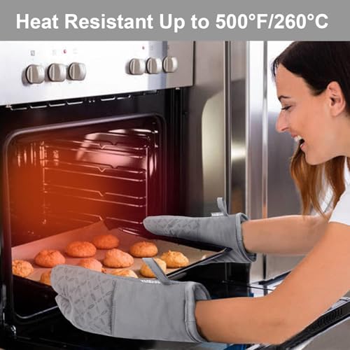 KEGOUU Oven Mitts and Pot Holders 6pcs Set, Kitchen Oven Glove High Heat Resistant 500 Degree Extra Long Oven Mitts and Potholder with Non-Slip Silicone Surface for Cooking (Light Gary) - color: Light Gary