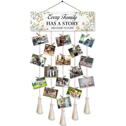 Every Family Has A Story Welcome to Ours Hanging Photo Display Board with 16 Clips 5 Strings,Rustic Style Picture Collage Frames Wall Decor Wood Hanging for Home Décor,Housewarming Gifts - color: Every Family Has a Story