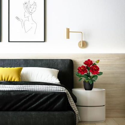 Hollyone Artificial Plants & Flowers with Vase Red Roses Artificial Flowers Small Potted Plant Faux Silk Flower with Black Pot Fake Rose Flower Arrangement Office Shelf Desk Home Decor 11 Inch - color: Rose 2 - Red (11inch)