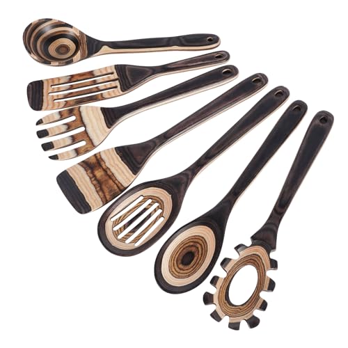 MYRAINBOW Wooden Spoons for Cooking, 7 Piece Pakkawood Kitchen Utensils Set with Spatulas, Spoons, Ladles, and Turner for Mixing, Serving & Cooking - color: Brown