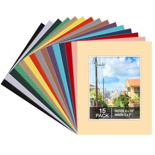 Prudiut 15 Pack 8x10 Picture Mats for 5x7 Photos, Mixed Colors | 1.2 mm Thick Beveled Mat Board, Cream Core, Protects Photos and Art, for Frames, Home, Office, Gallery Displays - size: 8x10 for Photos 5x7