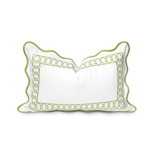 Hofdeco Premium Coastal Patio Indoor Outdoor Scalloped Lumbar Pillow Cover Only, 12"x20" Water Repellent for Backyard, Couch, Green Embroidered Begonia Pattern Chain Frame - color: Green Begonia Pattern Chain Frame 12"x20", size: 12"x20"