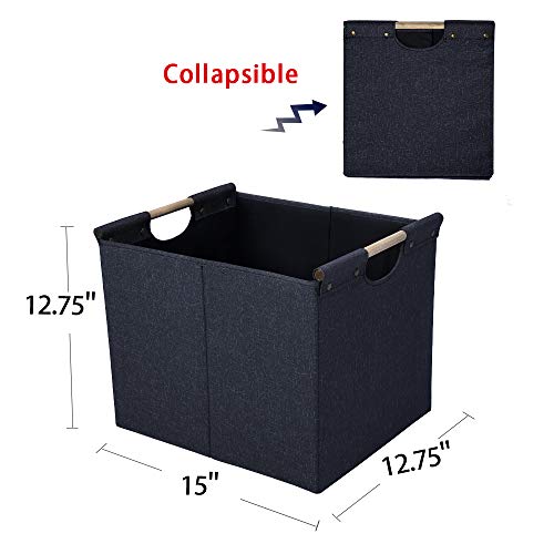 HOONEX Large Collapsible Storage Bins, Linen Fabric, 2 Pack, Storage Baskets with Wooden Carry Handles and Sturdy Heavy Cardboard, for Home, Office, Car, Nursery, Dark Grey - color: Dark Grey