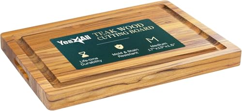 Yes4All Durable Teak Cutting Boards for Kitchen,[16.5''L x 13''W x 1.5”Thick] Medium Edge Grain Cutting Board, Pre Oiled Wood Cutting Boards, Thick Chopping Board w/Juice Grooves and Easy Grip Handle - size: 16.9"L x 13"W, style: Teak