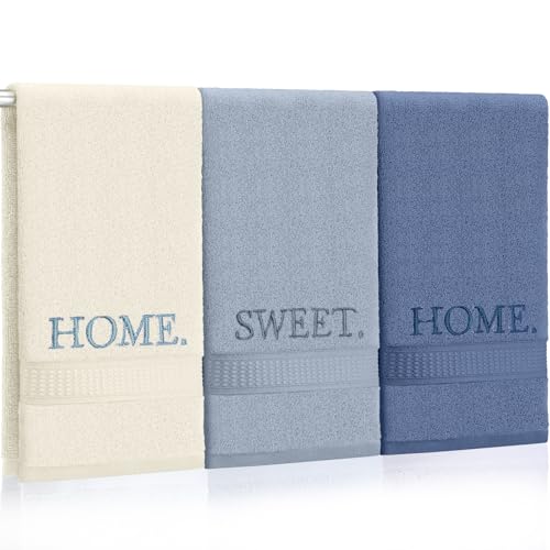 3 Pcs Hand Towels Bathroom Set,Blue,Home Sweet Home | Embroidered Cotton Farmhouse Towels, Kitchen Decor, Rustic Boho Decorative with Text Labels, Guest Bath Home - color: Blue, style: Home Sweet Home