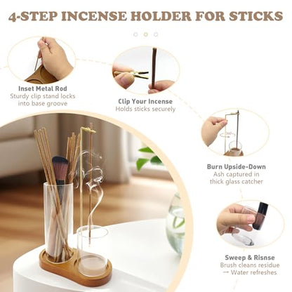 2 in 1 Glass Incense Holder and Burner with Ash Catcher and Stick Storage,Anti-Ash Flying, Mess-Free for Meditation Yoga Spa Gift Home Decor
