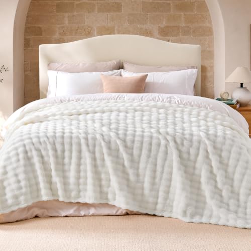 Lotus Karen 3D Fleece Bubble Queen Blanket - Ultra Soft Fluffy White Blanket for Bed Sofa Room Decor, Lightweight Cozy Throw for All Season, Adults Women Kids, Off White, 90"x90" - color: 01 Off White, size: Queen (90" x 90")