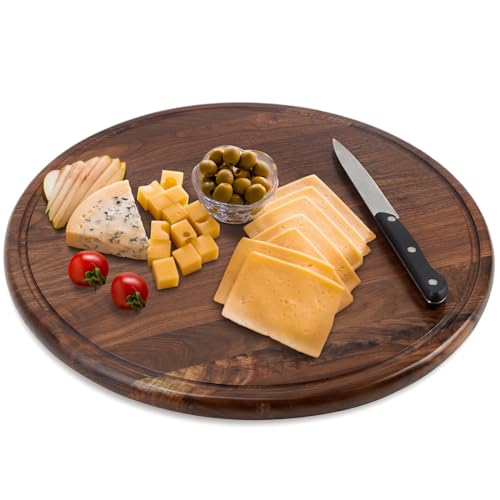 MAGIGO16" Round Walnut Wood Cutting Board for Kitchen | Wooden Chopping Board with Juice Grooves - size: 16"L x 16"W