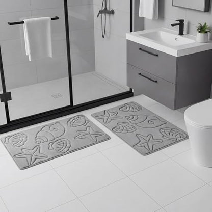 Tinideya Set of 2 Memory Foam Shell Starfish Bath Rugs Sets Ocean Beach Bathroom Mat Soft Absorbent Non Slip Floor Carpet for Coastal Bedroom Living Room Kitchen Entryway Indoor Decorations