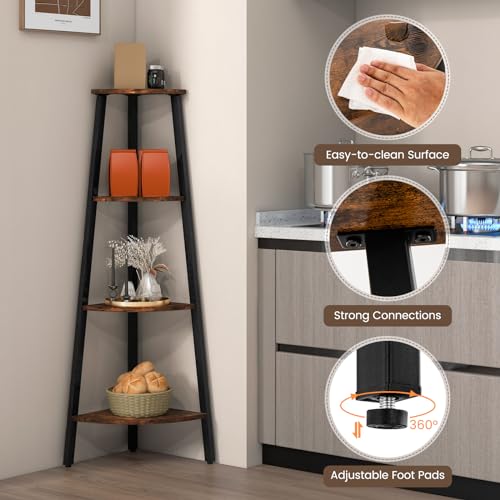 GIANTEX Corner Shelf, 4-Tier Industrial Corner Bookshelf with Metal Frame, Rustic Corner Bookcase Storage Shelves Rack, Tall Wood Corner Shelf Plant Stand for Bedroom Living Room (Rustic Brown)