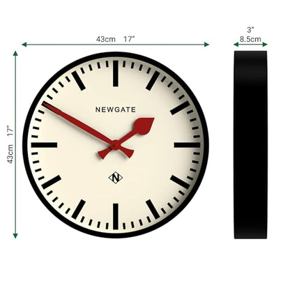 NEWGATE® Universal wall Clock | Large Modern Vintage Station Clock | 17" | Deep matt Black Metal case with red Metal Hands | Mid-Century Style for Kitchen, Living Room or Office - style: Retro
